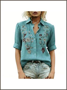 Vintage Floral Embroidered Button-Down Blouse Point Collar Long Sleeve